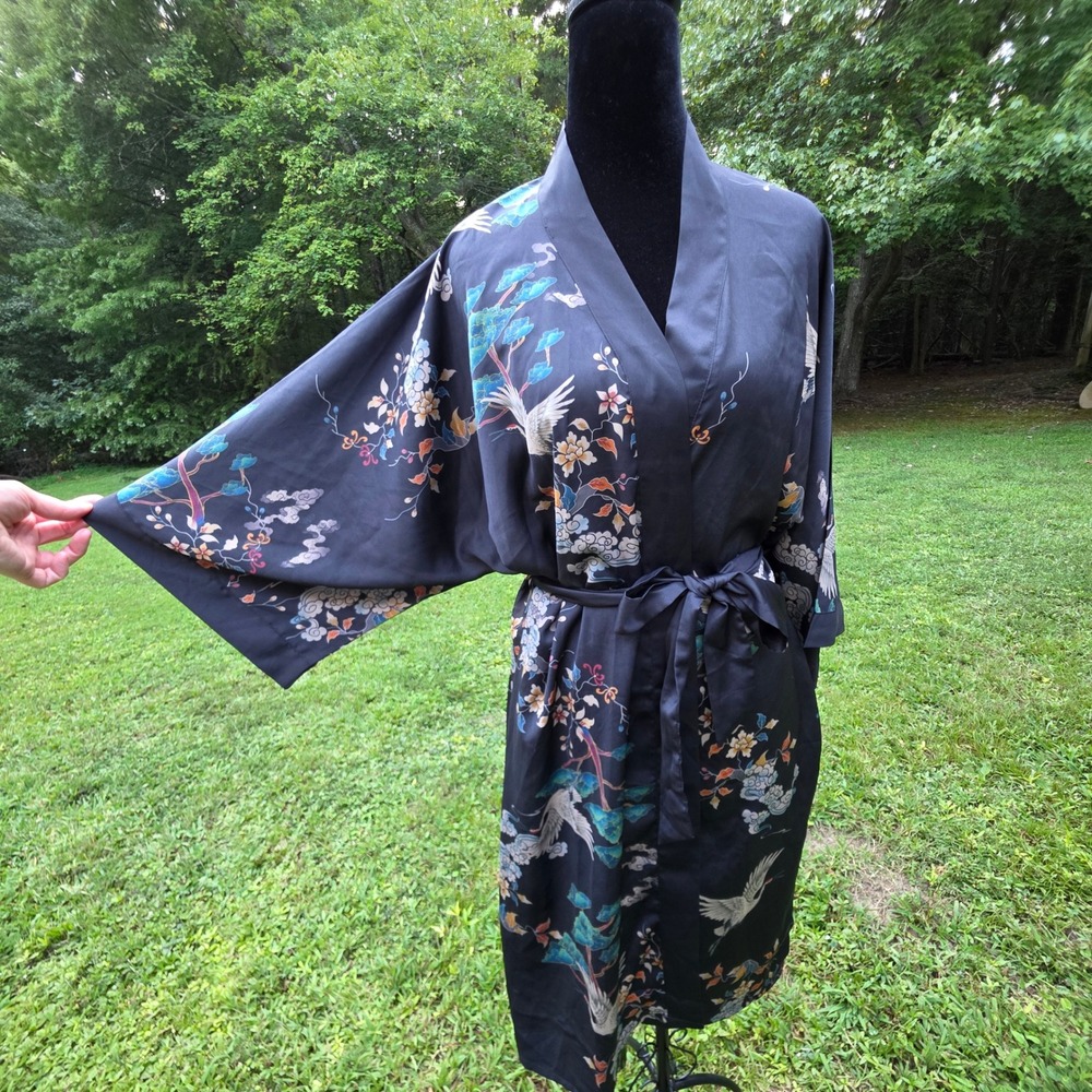 Ledamon Satin Women's Kimono Robe Crane Floral Black Loungewear Chinoiserie
